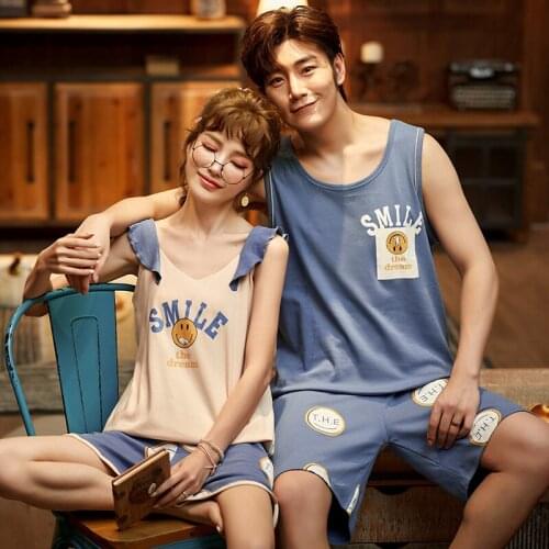 Couple Cartoon Pajamas Set Summer Men And Women Sleeveless Pyjamas Vest Lovers Sleepwear Plus Size 3XL Nightwear Home Clothing
