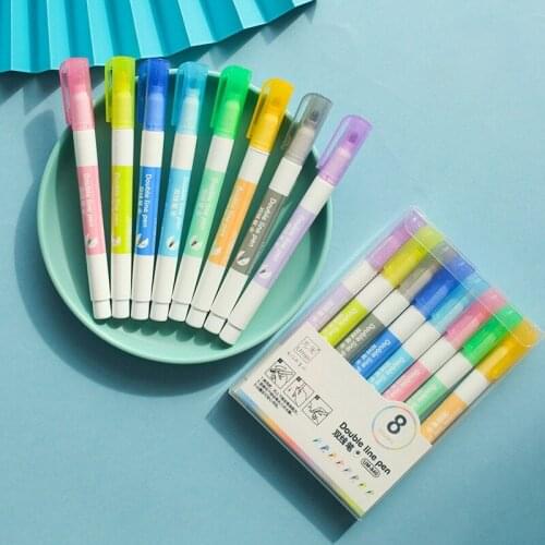 8PC Net Celebrity Same Paragraph Double Line Pen Student Special DIY Hand Account Pen Double Color Contour Highlighter Art