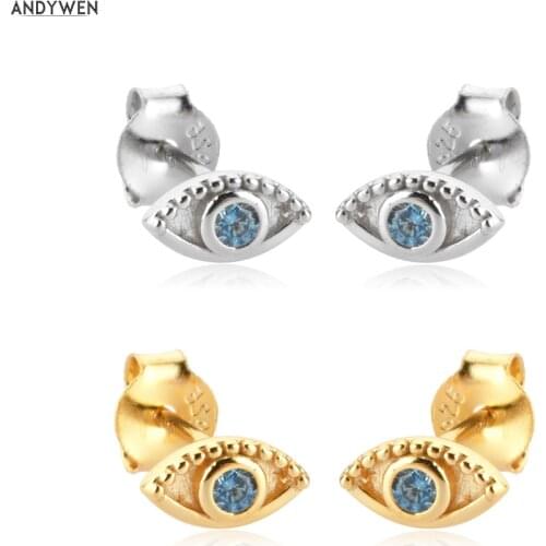 ANDYWEN 925 Sterling Silver 2021 Stud Earring Blue Zircon CZ Piericng Fashion Fine Jewelry Clips Rock Punk Jewels Tiny Jewels