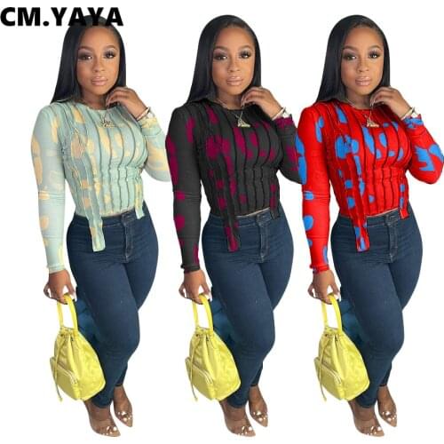 CM.YAYA Activewear Print Draped Patchwork O-neck Irregular T-shirt Fashion Long Sleeve Tee Tops for Women Outdoor