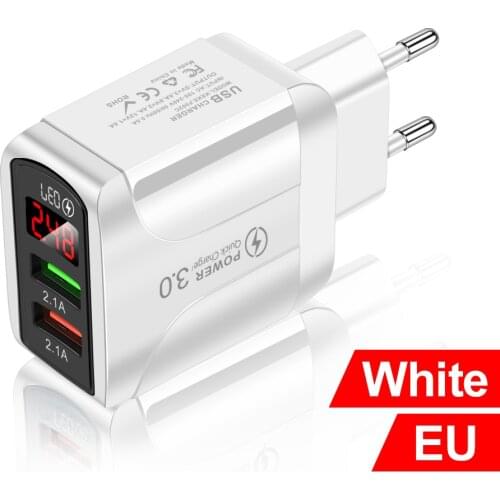 Universal Power Adapter Mobile Phone Charger 5V2.1A Quick Charge QC 3.0 Double Port USB Digital Display Fast Charging EU/US/UK