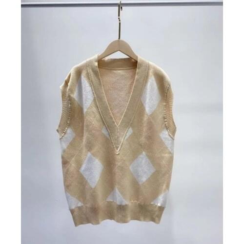 Women Plaid V-Neck Knit Vest 2021 Early Autumn New Ladies Sleeveless Knitwear Female Sweater Pullover Tops