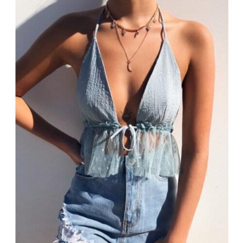 Women Sling Sleeveless Crop Top Backless Vest Top V neck Halter Short Bralette Bustier Mesh Ruffles Shirts For Girls Tie sexy