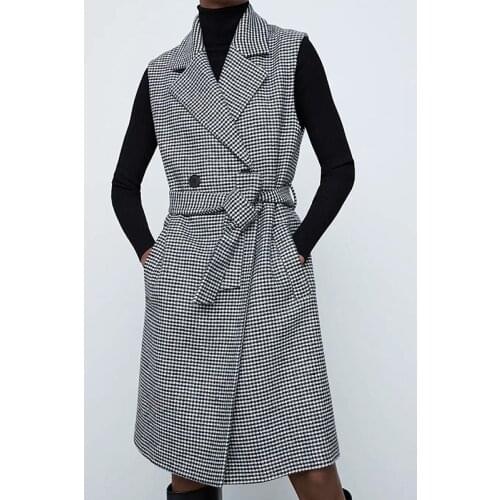 2021 Women Vintage Stylish Office Wear Houndstooth Waistcoat Sleeveless With Belt Plaid Female Vest Outerwear Chic Tops