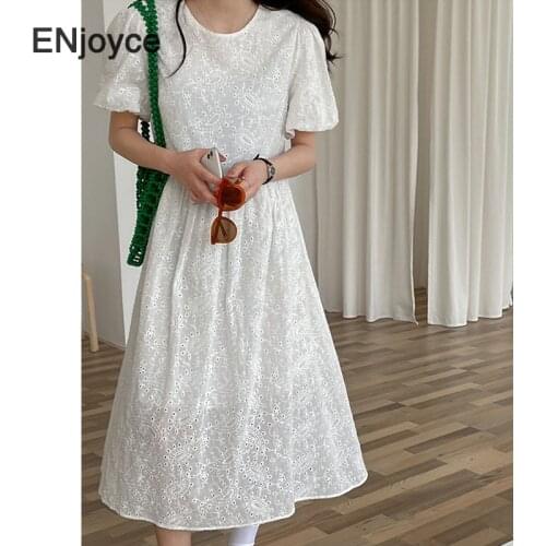 Women Vintage White Embroidered Mid-length Dress Summer Korean Style Elegant Puff Sleeve Doll Skirt Loose Beach Holiday Dresses