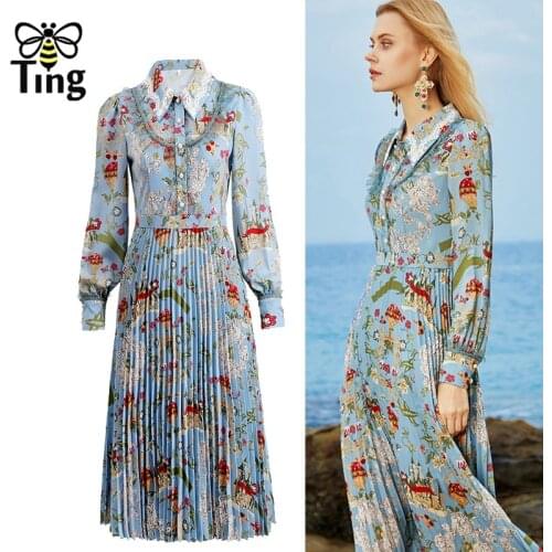 Tingfly Runway Vogue Dress Lapel Collar Floral Vintage Elegant Pleated Midi Long Dress Spring Cottagecore Dress Large Size 2XL