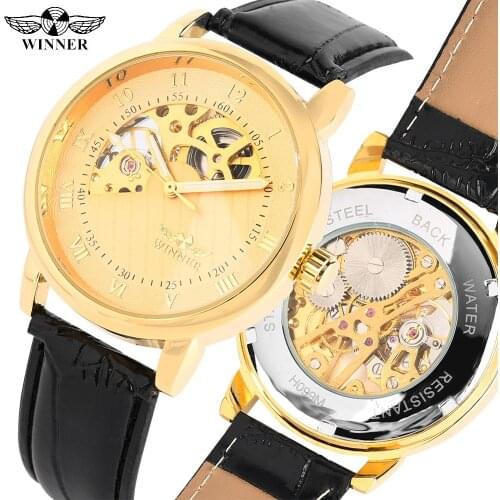 Golden Skeleton Hand-wind Mechanical Watch for Women Stainless Steel Case Mechanical Watch for Ladies Leather Strap Watches Gift