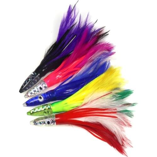 14cm/30g Acrylic Resin Head Octopus Feather Skirt Lure Weighted Sea Fishing Big Trolling Jig Bait for Tuna Wahoo Fishing 5 Color