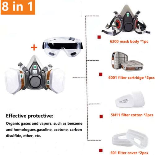 6200 Gas Mask 8 in 1 Respirator With Protective Glasses For Painting Spraying Protective Chemical Industry Decoration Protectio