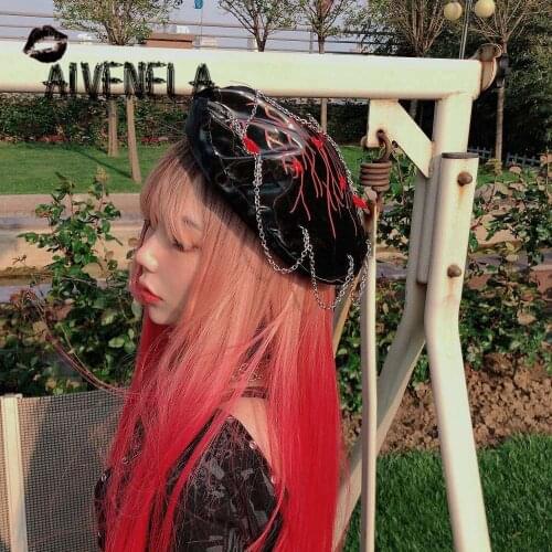 Harajuku Japanese Fashion Black Pu Leather Rock Gothic Punk Eivets Girl Berets Hat Woman Caps Chain Rivet Hats AFC967