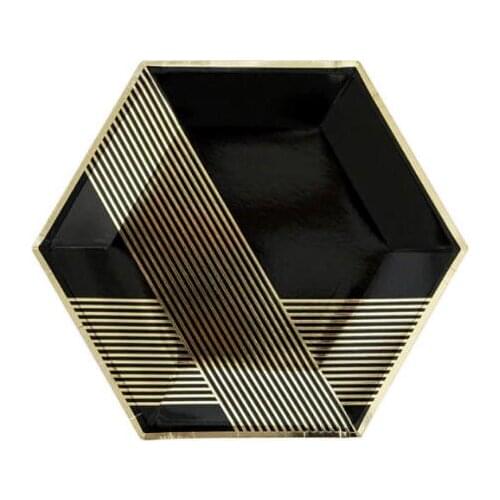 Free Shipping 48pcs 9 inches Hexygon Black and Gold Foil Paper Plates for Party