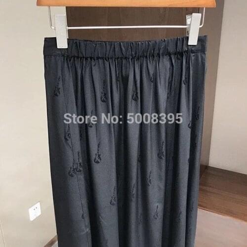 Black Silk Printed Jacquard Asymmetric Midi Skirt High Waist with Pocket Lace Emrboidered Hem Fashion long Skirt