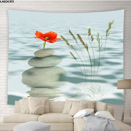 Zen Tapestry Stone Pebbles Spring Weeds Reflection Water Orchid Flower Scenery Wall Hanging Cloth Living Room Bedroom Home Decor