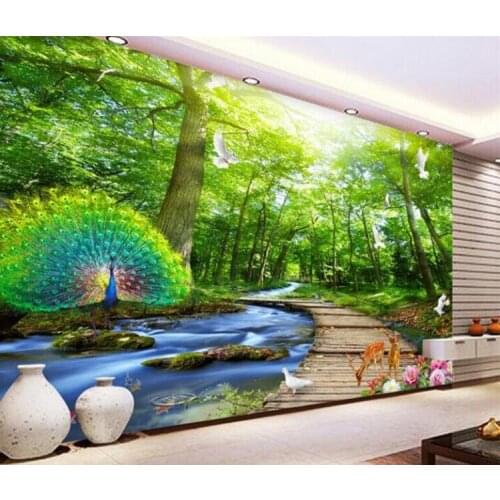 Custom Mural Wallpaper 3D Forest Peacock Wood Bridge Nature Scenery Photo Wall Murals Living Room TV Sofa Backdrop Wall Painting