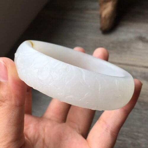 H11#Hetian jade white jade bracelet Qinghai material old material white jade carved wide jade bracelet