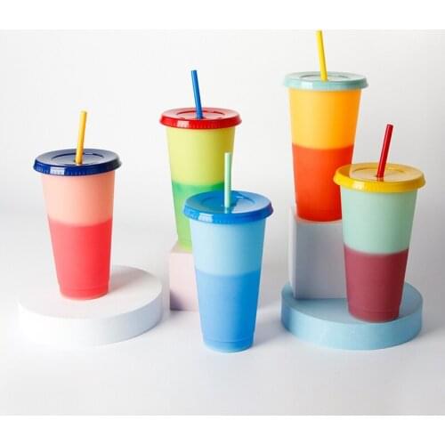 710ML Colorful Straw Cup With Lid Reusable Cups Solid Color Changing Plastic Cute Magical Juice Coffee Mug Outdoor Portable Cups