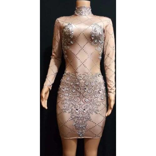 Fashion Sparkly Full Rhinestone bodysuit Women Birthday Celebrate slilvery Mesh Dress AB Stones Jazz Dance Costume Dance Dress
