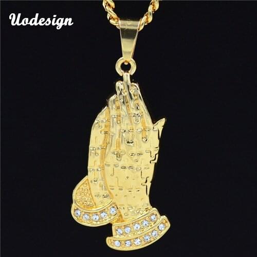 Trendy Alloy Gold Color Fulled Crystal Double Hands the Prayer Pendant Necklace Hip Hop Link Chain Necklace For Men Women