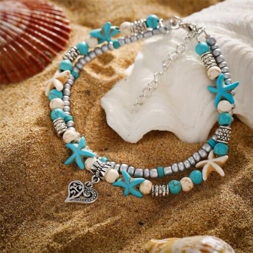 Fashion double layer Anklet starfish rice bead Yoga beach hollowed out peach heart pendant Anklet Bracelet