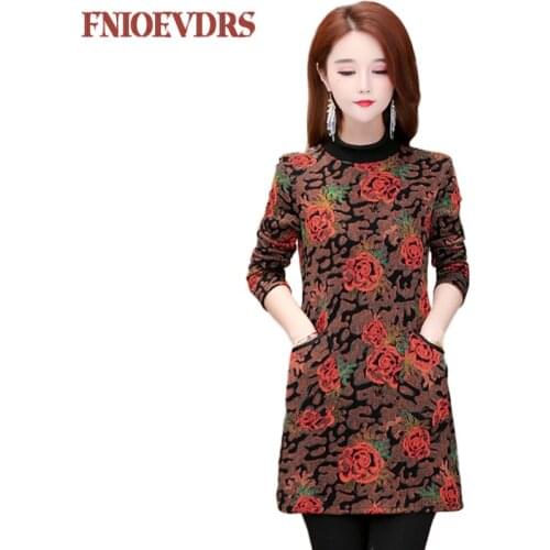 New Arrival Winter 2020 Korean Fashion Clothing Women Vintage Printing Plus Size L-5xl With Velvet Pockets Turtleneck Dress 1124