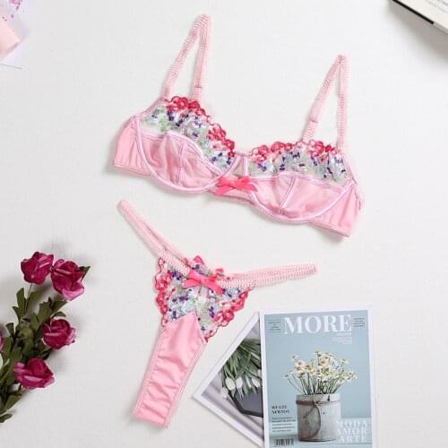 New Sexy Lace Flower Underwear Set Embroidered Underwire Women Push Up Bra Set Mesh See-through Thin Thong Sex Lingerie