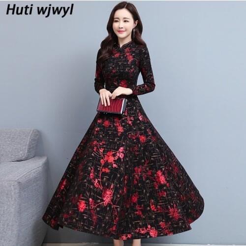 2021 Chinese Style Cheongsam Autumn Dress Plus Size Vintage Knit Cotton Long Sleeve Midi Dresses Women Party Black Maxi Vestidos