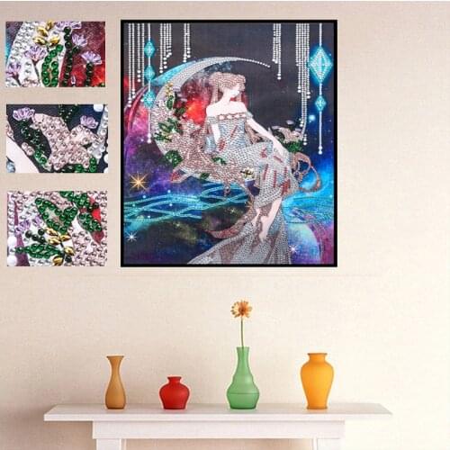 Dress Girl on Moon 5D DIY Special Shaped Diamond Painting Embroidery Needlework Rhinestone Crystal Cross Craft Stitch Kit Decor