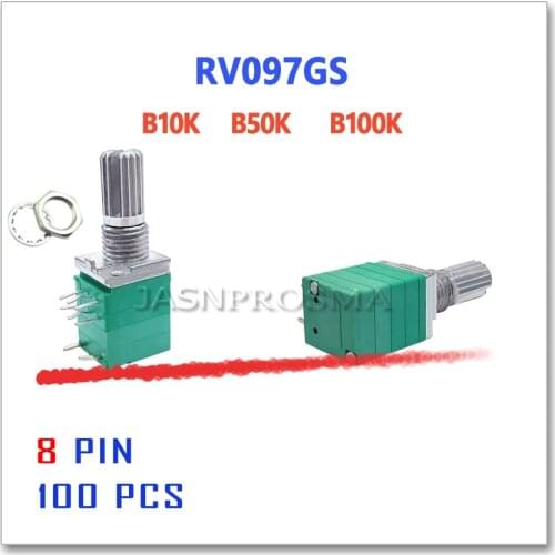 JASNPROSMA RV097GS 100PCS B10K B50K B100K 8PIN 10K 50K 100K potentiometer 15mm Double audio