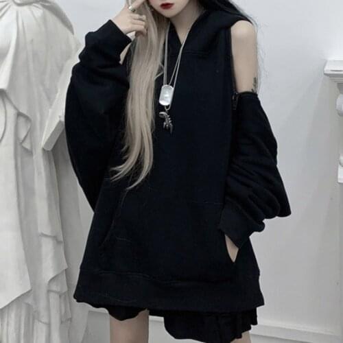 Ruibbit Gothic Hoodies Women Autumn Black Retro Dark Loose Double-sided Chic Streetwear Loose Hooded Long Sleeves Fashion Hoodie