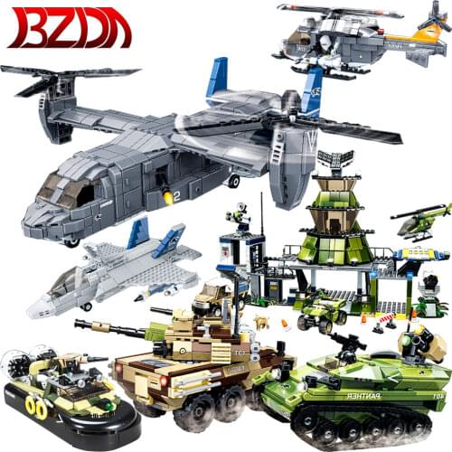 BZDA Military Aircraft Vehicle Tank Helicopters Set Transport Plane Bricks WW2 Aircraft Vehicle Armored Car DIY Educational Toys