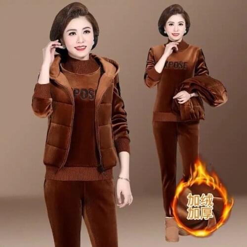 Mom Warm Velvet Tracksuit Women 2021 Winter Thicken Three Piece Set Casual Hooded Waistcoat Velour Pullover Sweatshirt Pantsuit