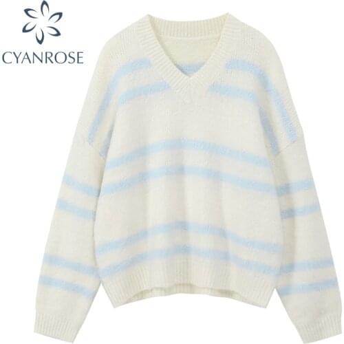 Striped Vintage Knitted Sweater Women Apricot Pullover V Neck Knitted Cotton Tops Korean Harajuku Elegant Casual 2021 Knitwear