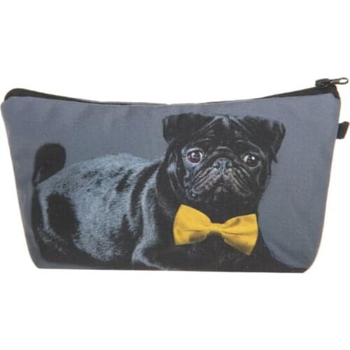1Pc Women Cosmetic Bag 3D Printing Black Pug With Bow Tie Makeup Bag Pouch Necessaries Travel Cosmetic Organizer Toiletry Bag