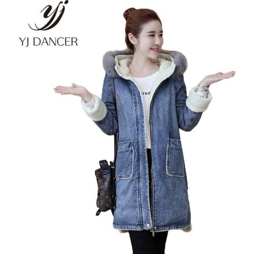 2018 winter Fashion Womens clothing Slim Spliced Plush Thick Wool Fur collar Long Cotton clothing Womens Denim jacket Ljj0174
