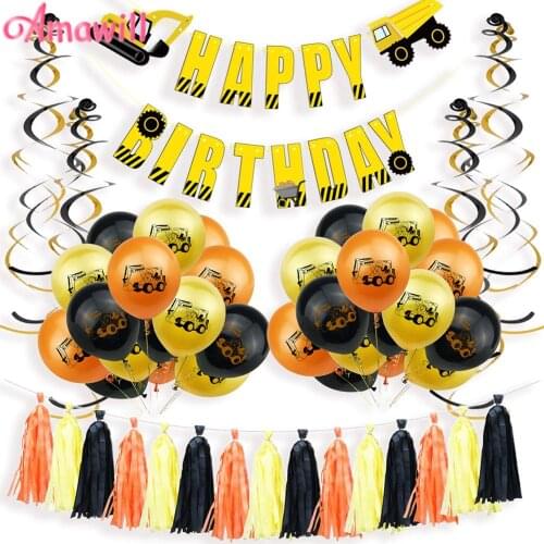 Amawill Construction Transportation Theme Party Excavator Car Balloon Happy Birthday Banner Baby Shower Kids Birthday Supplies