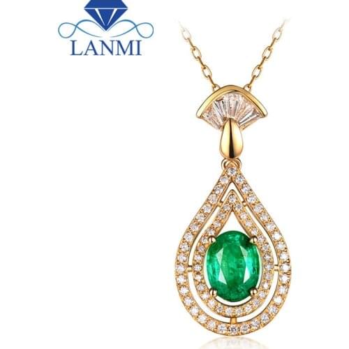 Trendy Design Solid 14Kt Yellow Gold Genuine Green Oval Shape Emerald Wedding Pendant Necklace Round&Baguette Diamond Jewelry