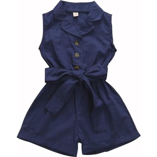 Explosion models baby fashion girls romper solid color kids lapel sleeveless bow belt single-breasted jumpsuit
