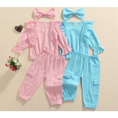1-5Y Toddler Kids Baby Girl Solid Color Ruffles Long Sleeve Pullover Tops Long Pant 2PCS Outfits Children Girls Clothing Set
