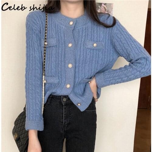 Elegant Blue Knitted Cardigan Women Round Neck Autumn Winter Full Sleeve Golden Button Cropped Sweater Female Business knit Coat