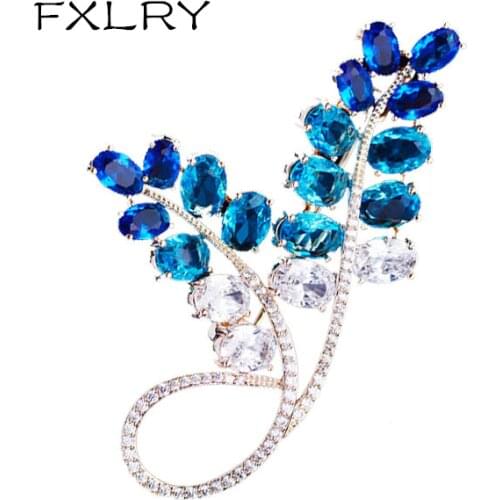 FXLRY New Blue Cubic Zirconia Leaves Flowers Wedding Banquet Brooches For Women ewelry Gifts