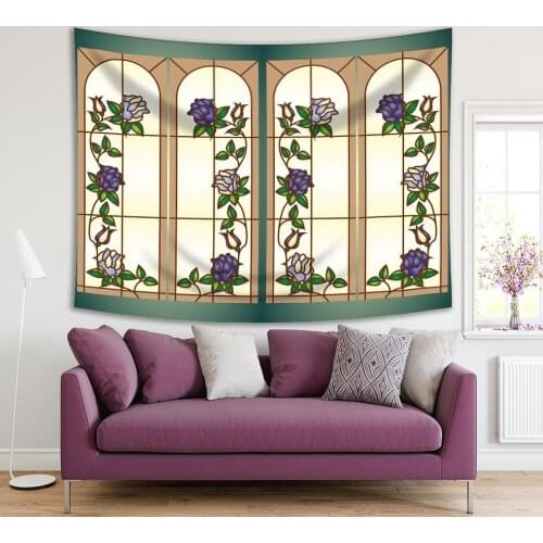 Tapestry Vintage Stained Glass Windows with Roses Flower Garden Branches Leaves Blue Green Teal Beige Art Printed