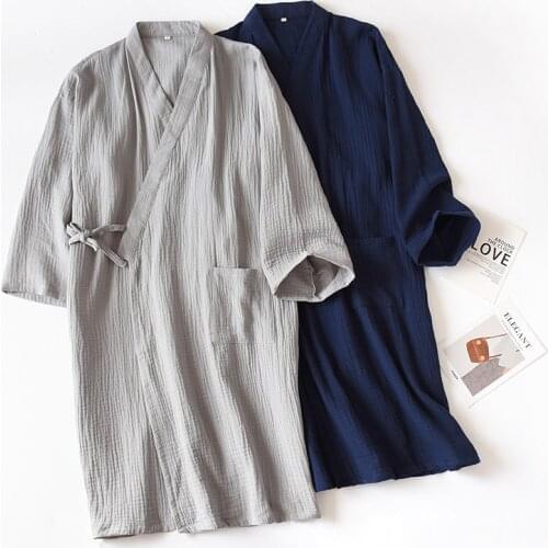 Autumn 100% Cotton Crepe Robes Women Thin Japanese Kimono Bathrobe Solid Half Pijamas Sleep Tops Loose and Soft Dressing Gown