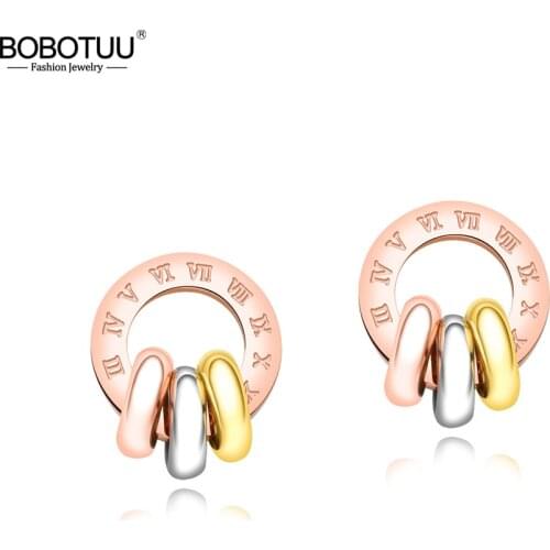 BOBOTUU Three-color Circle Roman Numerals Circle Earrings For Women Titanium Steel Rose Gold Color Female Stud Earrings BE17091