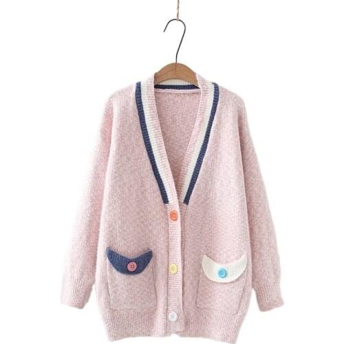 Striped Patchwork Color Buttons Long Women Knit Cardigan 2021 Winter V-neck Knitwear Sweet Female Warm Soft Cute Jumpers Tops