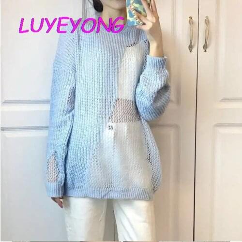 Korean Fashion Clothes Autumn Y2k Girl Transparent Hollow Out Knit Thin Sweaters Light Blue Lady Sexy Irregular Pullover Sweater