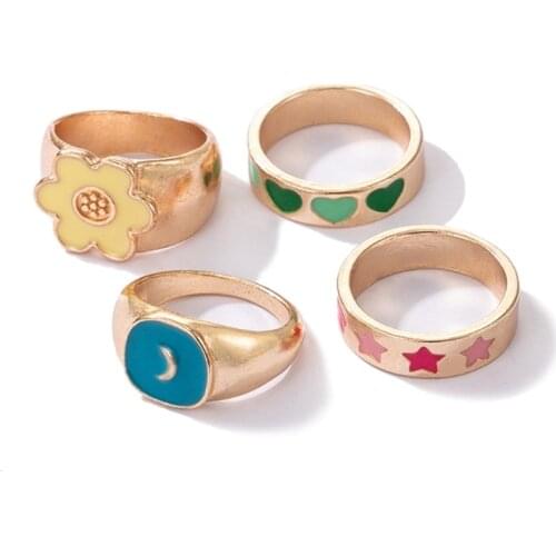 Colorful Heart Finger Rings Alloy Flower Star Moon Rings Set for Women Cute Love Heart Rings Wedding Love Promise Ring