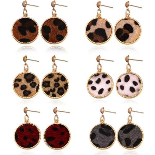E7884 Animal Print Leopard Round Earrings 2021 New Geomatric Disc PU Leather Earrings Jewelry Wholesale