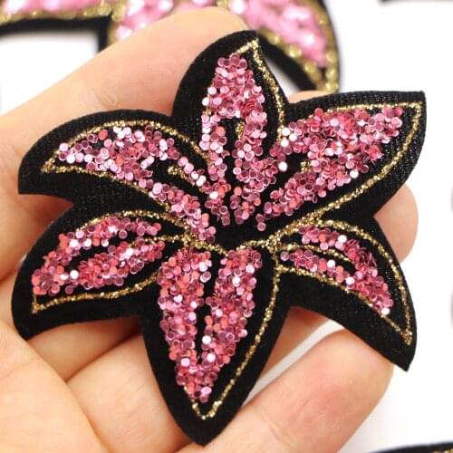 5PCS/lot 6CM Pink Sequin Flowers Patches Iron On Embroidery Rhinestone Applique For Women kids Clothes Hats Dress Bags Patches