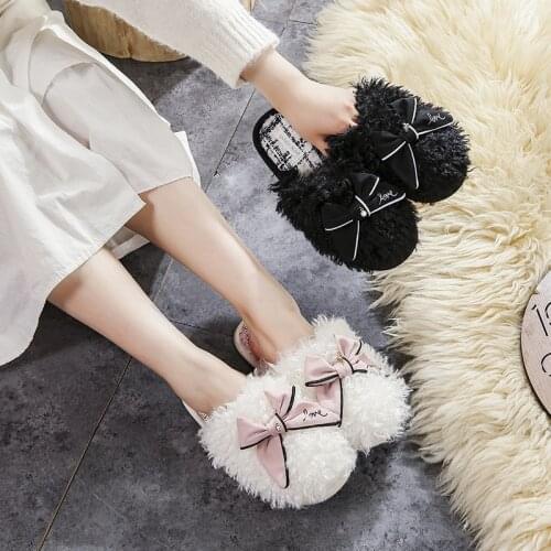 New Autumn And Winter Slippers Fashion Simple Cute Bowknot Indoor Slippers Warm Non-Slip Floor Solid Color Soft Plush Slippers