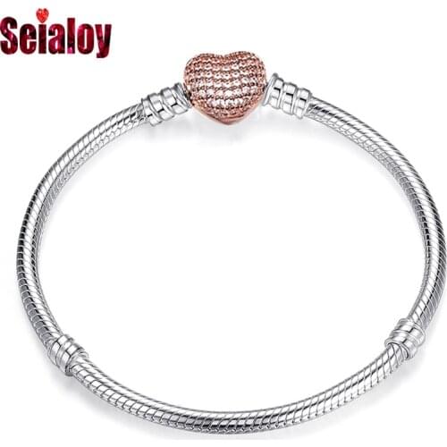 Seialoy Rose Gold Dense Inlay Heart Bracelet & Bangle Snake Chain Fit Original Fine Charm Bracelets For Women Girls Diy Jewelry